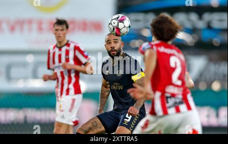 Tromso 20240815. Kyle Vassell de Kilmarnock et Leo Cornic de Tromso lors de la Coupe d'Europe de football entre Tromso et Kilmarnok écossais à Romssa Arena. Photo : Rune Stoltz Bertinussen / NTB Banque D'Images