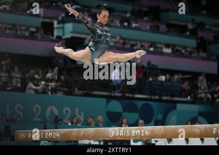 PARIS, FRANCE-28 juillet 2024 : Sunisa Lee des États-Unis sur le balancier lors de la qualification féminine de gymnastique artistique aux Jeux Olympiques de Paris 2024 Banque D'Images
