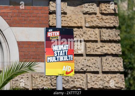 Landtagswahlkampf in Thüringen Ein Wahlkampfplakat der AFD in der Erfurter Innenstadt trägt den slogan HEIMAT STATT MULTIKULTI. Erfurt Altstadt Thüringen Deutschland *** campagne électorale d'État en Thuringe une affiche de campagne de l'AFD dans le centre-ville d'Erfurt porte le slogan HEIMAT STATT MULTIKULTI Erfurt Altstadt Thuringe Allemagne 20240815-6V2A6747 Banque D'Images