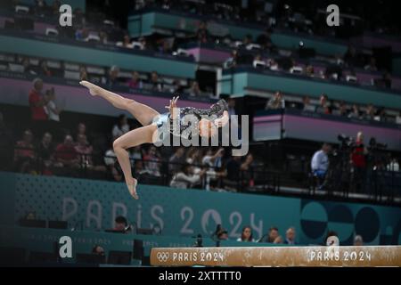 PARIS, FRANCE-28 juillet 2024 : Sunisa Lee des États-Unis sur le balancier lors de la qualification féminine de gymnastique artistique aux Jeux Olympiques de Paris 2024 Banque D'Images