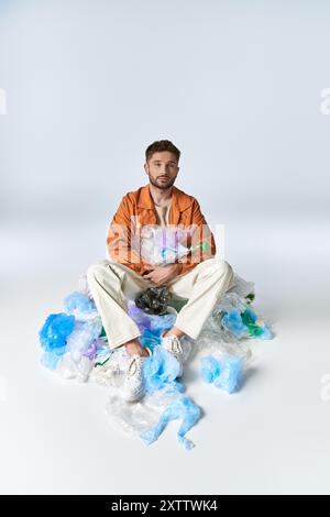 Un homme est assis sur un tas de déchets plastiques, entouré de sacs et de bouteilles. Banque D'Images