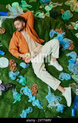 Un jeune homme est allongé sur du gazon artificiel, entouré de sacs en plastique jetés et d'autres déchets. Banque D'Images