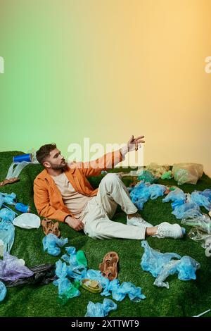 Un homme gît entouré de déchets plastiques sur un champ vert, sa main tendue au loin. Banque D'Images