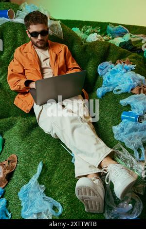 Un homme est allongé sur du gazon artificiel entouré de sacs en plastique, de tasses et d'autres déchets. Banque D'Images