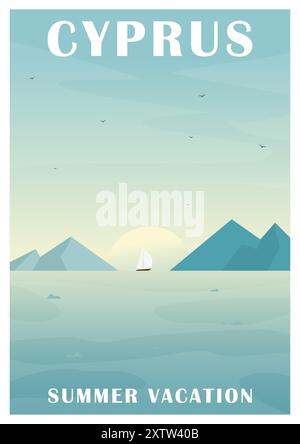 Affiche de paysage méditerranéen de paysage marin grec. Voyage Chypre, plage et illustration de bateau dans un style vintage. Paysage du matin avec mer et navire, mer Illustration de Vecteur