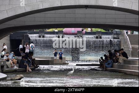 Séoul, Corée du Sud. 16 août 2024. Les gens se rafraîchissent près de la fontaine à Séoul, Corée du Sud, 16 août 2024. Crédit : Jun Hyosang/Xinhua/Alamy Live News Banque D'Images