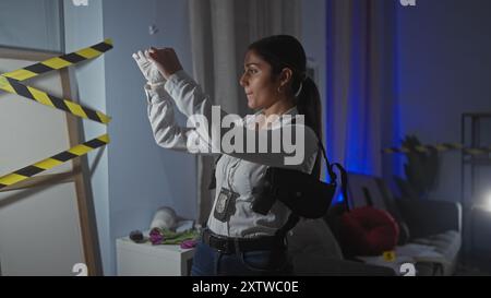 Une jeune femme hispanique détective sécurise une scène de crime à l'intérieur, manipulant les preuves avec soin. Banque D'Images