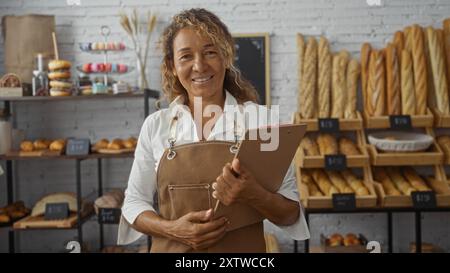 Femme debout dans une boulangerie portant un tablier et tenant une planche à pince, entourée de divers pains, baguettes et pâtisseries sur les étagères. Banque D'Images