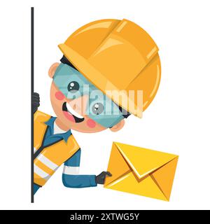 Ingénieur industriel avec gilet réfléchissant jetant un coup d'œil derrière un mur avec enveloppe de lettre pour courrier électronique. Concept de communication, notification et con Illustration de Vecteur