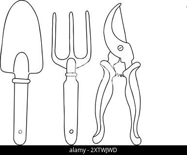 Outils de jardin icônes linéaires et doodles. Râteau de jardin, fourchette de jardin, truelle à fleurs, cultivateur à main, sécateurs, sécateur, pelle à baïonnette, brosse Illustration de Vecteur