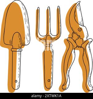 Outils de jardin icônes linéaires et doodles. Râteau de jardin, fourchette de jardin, truelle à fleurs, cultivateur à main, sécateurs, sécateur, pelle à baïonnette, brosse Illustration de Vecteur