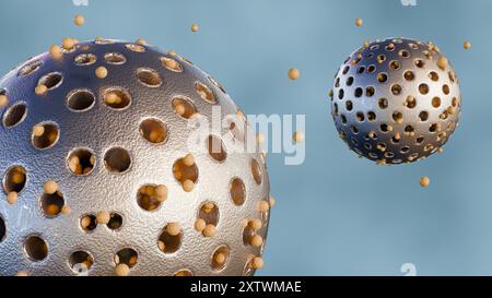 Rendu 3D de nanoparticules de silice mésoporeuse libérant activement des nanomédecines encapsulées. Banque D'Images