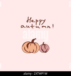 Joyeux salut d'automne avec des illustrations de citrouille dans des tons chauds sur un fond rose doux Illustration de Vecteur