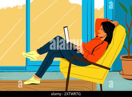 Une femme détendue est assise dans un fauteuil jaune à l'aide d'un ordinateur portable par une grande fenêtre avec une vue sur le ciel bleu. Banque D'Images