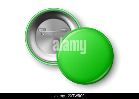 Vector 3d réaliste Green Blank Round Button badge en gros plan, isolé. Modèle de conception de badge d'identification, maquette. Modèle de conception pour Access Pass Illustration de Vecteur