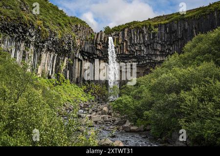 Chute d'eau Hundafoss (sur le chemin de la chute d'eau de Svartifoss) dans le parc national de Skaftafell, dans le sud de l'Islande Banque D'Images