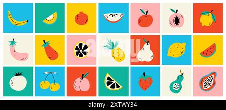 Ensemble floral abstrait avec légumes et fruits Illustration de Vecteur