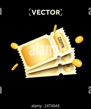 pile 3d de modèle de coupons dorés vierges avec code coupon avec pièces d'or, isolé sur fond sombre. Modèle de coupon simple pour l'événement de réduction. illustration vectorielle 3d. Illustration vectorielle Illustration de Vecteur