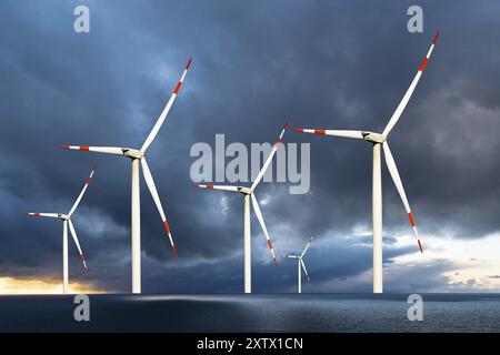 Plusieurs éoliennes en mer du Nord, orage, éolienne, basse-Saxe, République fédérale d'Allemagne Banque D'Images