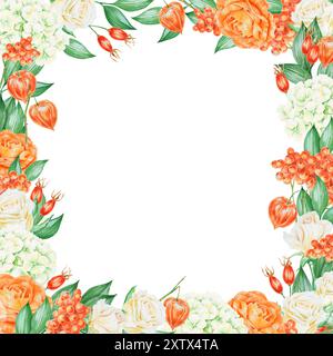 Roses orange et blanches, hortensia, baies de rowan et hanches de rose. Cadre horisontal isolé à l'aquarelle dessinée à la main avec des baies d'automne, des fleurs et des plantes Banque D'Images