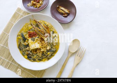 Le porridge Manado ou porridge Tinutuan est un porridge commercial. Bouillie de riz manadonaise, mélangée avec de la citrouille, du maïs, des légumes. Servi avec tofu salé Banque D'Images