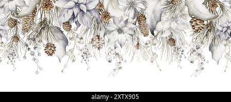 Bordure décorative sans couture de Noël. Décoration horizontale aquarelle avec cônes de sapin, pin, baies et poinsettia. Banque D'Images