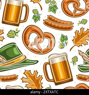 Vector Oktoberfest Seamless Pattern, fond décoratif avec volant oktoberfest bretzel, chapeau tyrolien vert et verre à bière pour papier d'emballage, squa Illustration de Vecteur