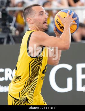 Lausanne, Suisse. 16 août 2024. Marco Lehmann de Lausanne (SUISSE) en action lors de l'événement FIBA 3x3 World Tour Lausanne 2024. Crédit : Patrick Dancel/Alamy Live News Banque D'Images