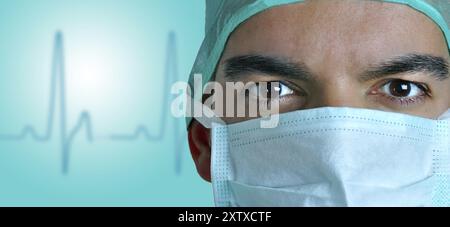 Gros plan portrait d'un chirurgien avec un réveil ECG derrière lui. Couleur bleue sur le visage des médecins Banque D'Images