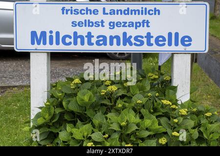 Signe de station de remplissage de lait, Alkersum, Foehr, île de la mer du Nord, Frise du Nord, Schleswig-Holstein, Allemagne, Europe Banque D'Images