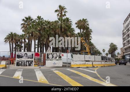 Vue d'une clôture de construction avec des photos du Festival de Cannes. Derrière elle se trouvent de nombreux palmiers, Cannes, Provence-Alpes-Côte d'Azur, France Banque D'Images