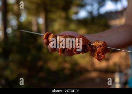 Gros plan des mains des hommes enfiler la viande de porc sur une brochette Banque D'Images