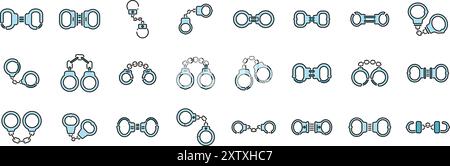 Grand ensemble d'icônes de menottes montrant différents styles et conceptions de cet outil utilisé pour arrêter les criminels Illustration de Vecteur