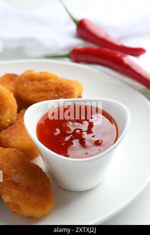 Sauce Chili et nuggets de poulet sur table blanche Banque D'Images