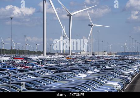 Zone de stockage des voitures neuves dans le port de Vlissingen-Oost, les véhicules sont temporairement stockés sur plus de 100 hectares pour les expédier de l’Europe vers les Etats-Unis Banque D'Images