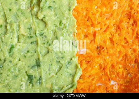 Image culinaire vibrante à double texture mettant en vedette du guacamole frais et des carottes râpées. Textures et couleurs alimentaires. Banque D'Images