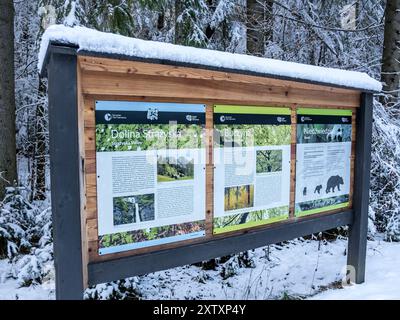 Panneaux d'information dans le parc national des Tatra, Pologne en hiver. Banque D'Images