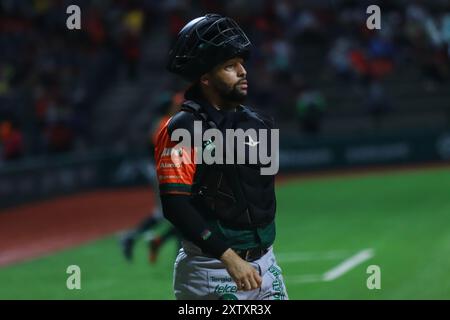 Mexico, Ciudad de Mexico, Mexique. 15 août 2024. Webster Rivas #8 receveur des Leones de Yucatan lors du match 1 de la deuxième manche des séries éliminatoires 2024 de la Ligue mexicaine de baseball (LMB) entre Leones de YucatÃ¡n et Diablos Rojos del México, au stade Alfredo Harp HelÃº. Les Diablos Rojos battent Leones 6-2, les Diablos Rojos mènent la série theÂ 1-0. Le 15 août 2024 à Mexico, Mexique. (Crédit image : © Carlos Santiago/eyepix via ZUMA Press Wire) USAGE ÉDITORIAL SEULEMENT! Non destiné à UN USAGE commercial ! Banque D'Images