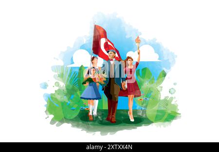 Premier président de la Turquie Mustafa Kemal Atatürk en marchant vers l'avenir avec la jeunesse turque Illustration de Vecteur