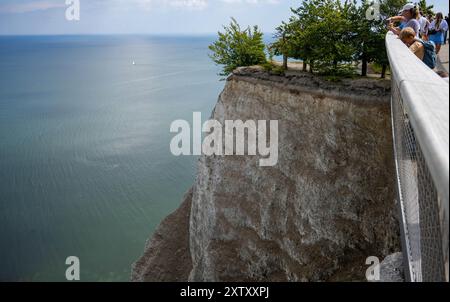 Sassnitz, Allemagne. 16 août 2024. Les touristes visitent la passerelle Skywalk sur les falaises du parc national de Jasmund près de Sassnitz sur l'île de Rügen sur le terrain du parc national de Königsstuhl. Cette année, le Centre du parc national de Königsstuhl, lieu d'origine de la peinture de Caspar David Friedrich « falaises de craie sur Rügen », accueille des journées romantiques d'une semaine du 19 au 25 août. Crédit : Stefan Sauer/dpa/Alamy Live News Banque D'Images