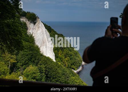 Sassnitz, Allemagne. 16 août 2024. Les touristes visitent la passerelle Skywalk sur les falaises du parc national de Jasmund près de Sassnitz sur l'île de Rügen sur le terrain du parc national de Königsstuhl. Cette année, le Centre du parc national de Königsstuhl, lieu d'origine de la peinture de Caspar David Friedrich « falaises de craie sur Rügen », accueille des journées romantiques d'une semaine du 19 au 25 août. Crédit : Stefan Sauer/dpa/Alamy Live News Banque D'Images