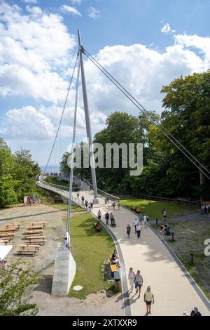 Sassnitz, Allemagne. 16 août 2024. Les touristes visitent la passerelle Skywalk sur les falaises du parc national de Jasmund près de Sassnitz sur l'île de Rügen sur le terrain du parc national de Königsstuhl. Cette année, le Centre du parc national de Königsstuhl, lieu d'origine de la peinture de Caspar David Friedrich « falaises de craie sur Rügen », accueille des journées romantiques d'une semaine du 19 au 25 août. Crédit : Stefan Sauer/dpa/Alamy Live News Banque D'Images