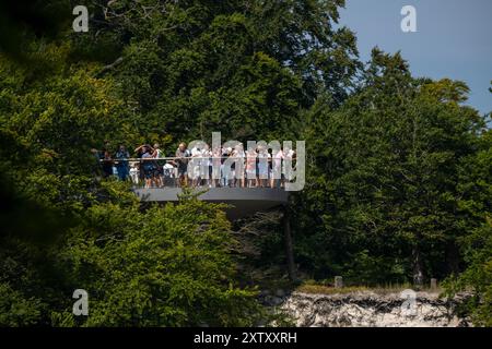 Sassnitz, Allemagne. 16 août 2024. Les touristes visitent la passerelle Skywalk sur les falaises du parc national de Jasmund près de Sassnitz sur l'île de Rügen sur le terrain du parc national de Königsstuhl. Cette année, le Centre du parc national de Königsstuhl, lieu d'origine de la peinture de Caspar David Friedrich « falaises de craie sur Rügen », accueille des journées romantiques d'une semaine du 19 au 25 août. Crédit : Stefan Sauer/dpa/Alamy Live News Banque D'Images