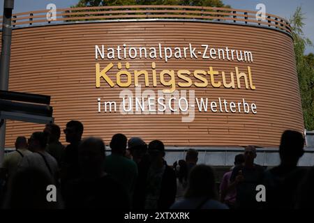 Sassnitz, Allemagne. 16 août 2024. Les touristes visitent la passerelle Skywalk sur les falaises du parc national de Jasmund près de Sassnitz sur l'île de Rügen sur le terrain du parc national de Königsstuhl. Cette année, le Centre du parc national de Königsstuhl, lieu d'origine de la peinture de Caspar David Friedrich « falaises de craie sur Rügen », accueille des journées romantiques d'une semaine du 19 au 25 août. Crédit : Stefan Sauer/dpa/Alamy Live News Banque D'Images