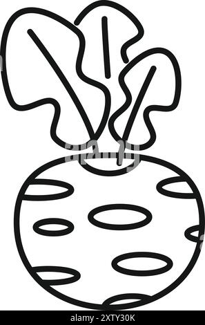Simple dessin au trait noir et blanc d'un légume à racine de céleri avec des feuilles, idéal pour les livres de recettes ou les guides alimentaires sains Illustration de Vecteur