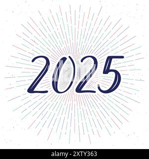 2025 numéros vectoriels calligraphiques manuscrits. Feux d'artifice multicolores en arrière-plan. Bonne année. Illustration de Vecteur