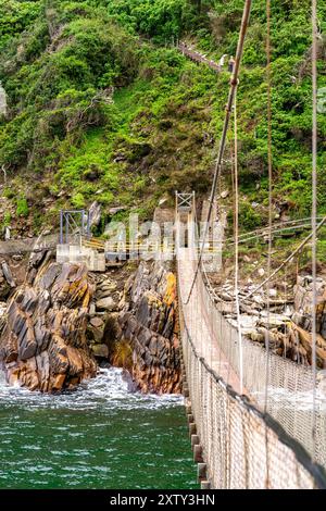 Photographie d'une adolescente marchant sur le pont suspendu au-dessus de la rivière Storms, parc national de Tsitsikamma, Afrique du Sud par un hiver couvert d Banque D'Images