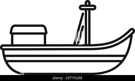 Simple dessin au trait noir et blanc d'un petit bateau de pêche avec une cabine pour l'industrie de la pêche Illustration de Vecteur