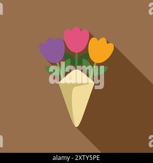 Bouquet simple et coloré de tulipes enveloppées dans du papier, parfait pour toute occasion Illustration de Vecteur