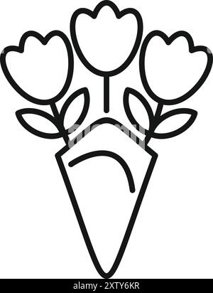 Icône minimaliste d'art au trait de trois tulipes dans un cône représentant le printemps et la beauté florale Illustration de Vecteur